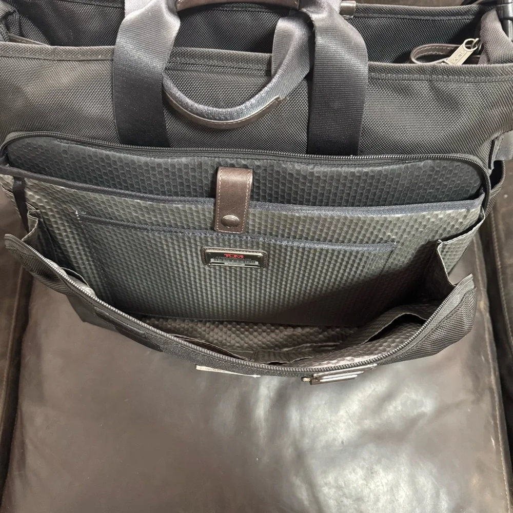 Tumi Black Nylon Travel Briefcase Tote with Leather Trim